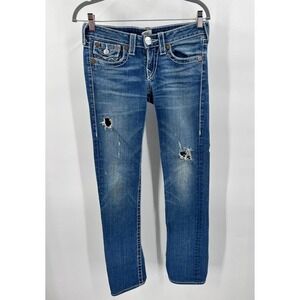 True Religion Womens Size 27 Johnny Big T Blue Denim Jeans Straight Leg Low Rise